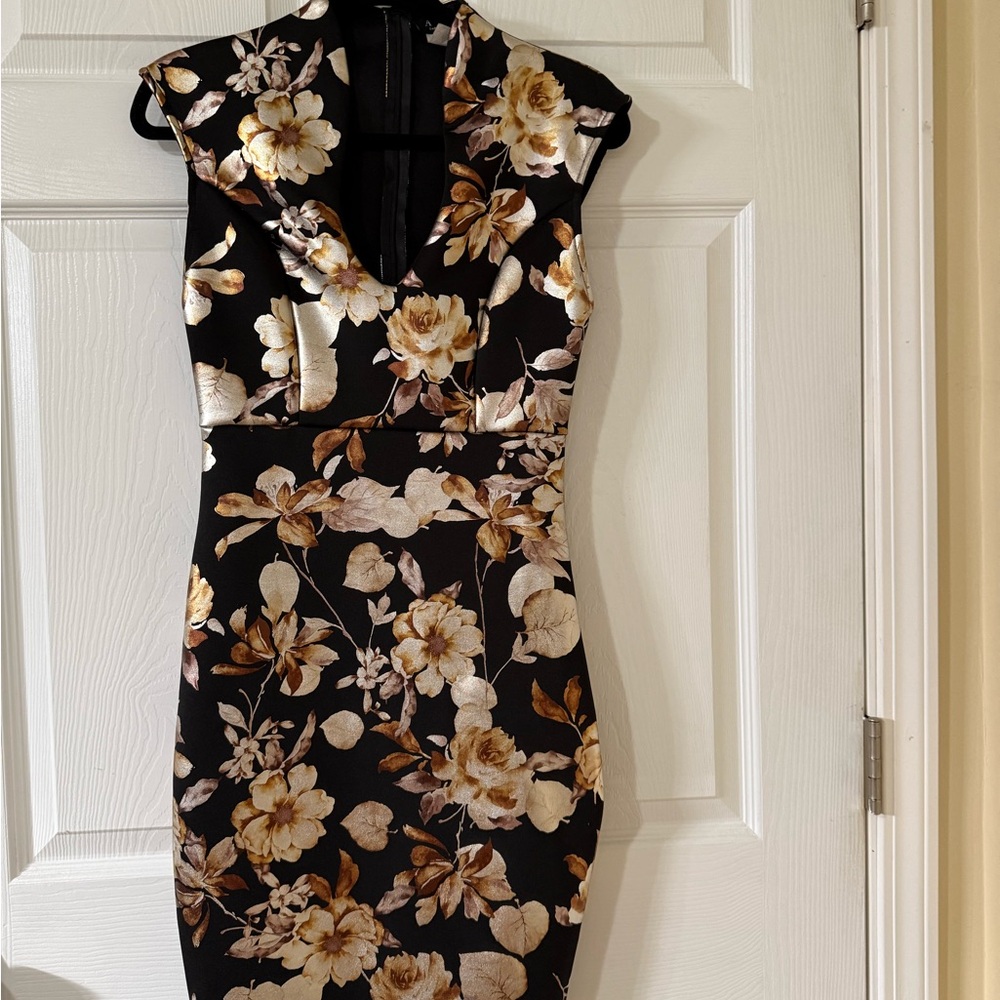 Chic Floral Black and Cream Midi Dress
